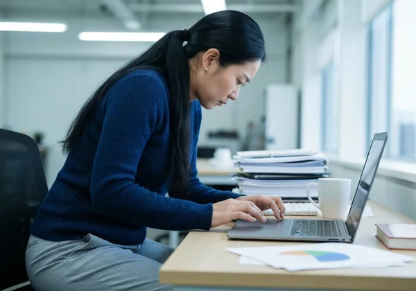 Frustrated person typing slowly at a desk, looking stressed