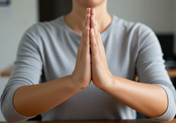 Hands performing a gentle prayer stretch for wrist relief.
