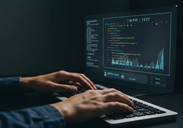 User typing on custom WPM test platform, showing text