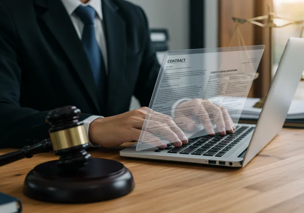 Legal professional typing precise documents with legal jargon.