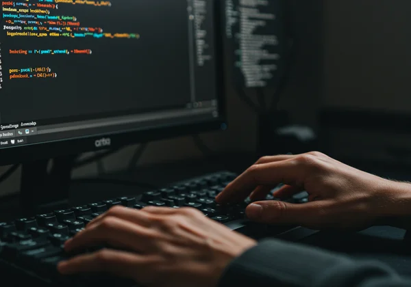 Developer's hands typing code with focus on symbols and brackets.