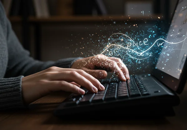 Writer typing, experiencing creative flow with complex narrative.