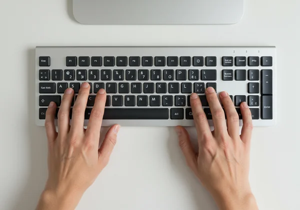Hands correctly positioned on a keyboard's home row keys.