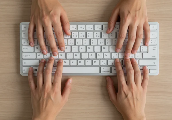 Hands with fingers correctly placed on QWERTY home row.