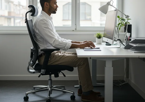 Person with correct ergonomic setup typing at a desk.