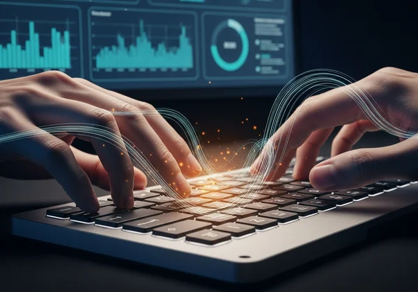 Hands performing typing drills, symbolizing speed and dexterity