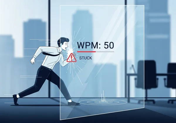 A visual metaphor of a person hitting a typing speed plateau