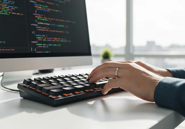 Developer typing complex code on a screen